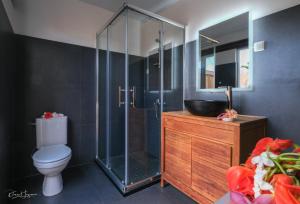 a bathroom with a shower and a toilet and a sink at POELANI in Faaone