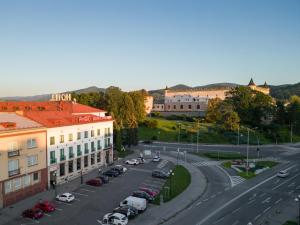 an aerial view of a street in a city at Hotel Polana in Zvolen