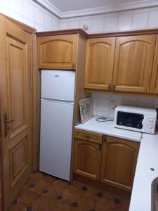 阿維拉的住宿－CASA ESQUILAS，厨房配有白色冰箱和木制橱柜。