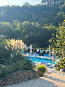 a swimming pool with a mountain in the background at La Păstrăvărie in Mehadia