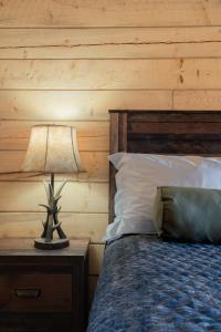 a bedroom with a bed and a table with a lamp at Pet Friendly Cabins in Hanksville Utah in Hanksville