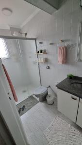 La salle de bains est pourvue d'une douche, de toilettes et d'un lavabo. dans l'établissement Lindo apto em frente ao mar., à Praia Grande