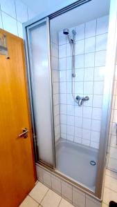 La salle de bains est pourvue d'une douche avec une porte en verre. dans l'établissement Ferienwohnung Ruhequell, à Königsfeld im Schwarzwald