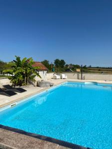a large swimming pool with blue water in a yard at Gites Le Grand Tornage holiday fun for the whole family in Évaux-les-Bains