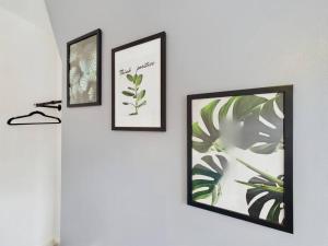 four framed prints of plants on a wall at Birks House By RMR Accommodations - NEW - Sleeps 8 - Modern - Parking in Stoke on Trent