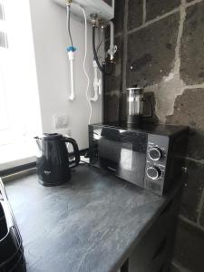 eine Mikrowelle auf einer Theke mit einer Kaffeekanne in der Unterkunft Hotel Elen in Gjumri