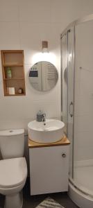 a bathroom with a toilet and a sink and a shower at Signe Home in Gdańsk