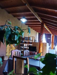 comedor con mesa, sillas y estante para libros en Cabañas LuCes del Pirque 2 en El Hoyo