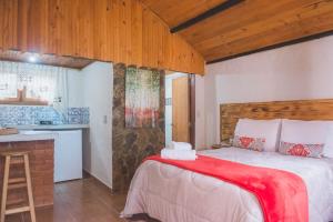 a bedroom with a bed with a red blanket on it at Chales Boa Vista in Monte Verde