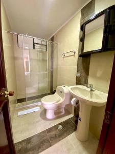La salle de bains est pourvue de toilettes, d'un lavabo et d'une douche. dans l'établissement Ayenda Hotel Posada Leon, à Pasto