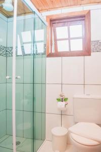 a bathroom with a toilet and a glass shower at Chales Boa Vista in Monte Verde