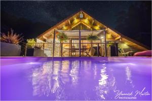 une maison avec une piscine la nuit dans l'établissement Le Chalet des Eaux - Thermes - Ski, à Revel