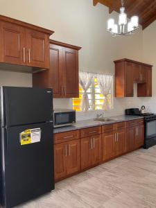 a kitchen with a black refrigerator and wooden cabinets at Poinciana Villas in Woods
