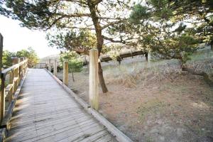 a wooden boardwalk with a tree and a fence at Beach Break in Pacific City