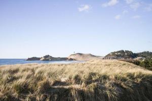 a beach with a field of grass and the ocean at Beach Break in Pacific City