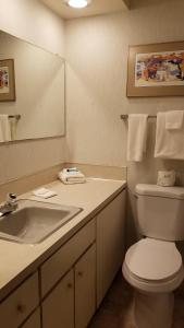 een badkamer met een wastafel, een toilet en een spiegel bij Pacific Sands Resort # 21 in Neskowin
