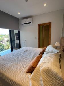 ein Schlafzimmer mit einem großen Bett mit Kissen darauf in der Unterkunft Gomez de castro apartments in Asunción