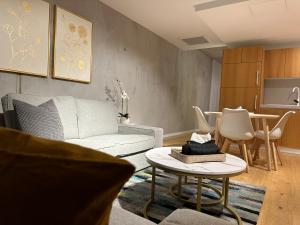 - un salon avec un canapé et une table dans l'établissement Palko - Stylish in the City, à Canberra