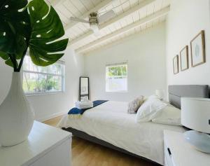 a white bedroom with a large bed and a plant at Tropical Oasis House Private Pool Family Yard in Fort Lauderdale