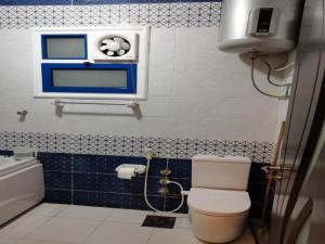 a bathroom with a toilet and a window with soccer balls in it at Alnahas St. Two-Bedroom Apartment With Jacuzzi in Tanta
