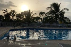a large swimming pool with palm trees in the background at Le Mik-Appartement in Le Gosier