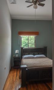 Schlafzimmer mit einem Bett, einem Deckenventilator und einem Fenster in der Unterkunft Organic Garden in San José