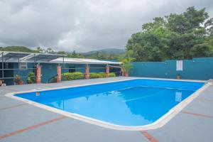a large blue swimming pool in front of a building at Organic Garden in San José