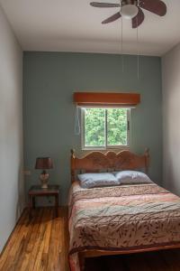 Schlafzimmer mit einem Bett, einem Deckenventilator und einem Fenster in der Unterkunft Organic Garden in San José