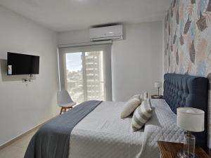 科連特斯的住宿－Rio Parana alta Vista，一间卧室设有一张大床和一个窗户。