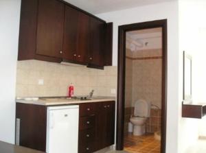 a kitchen with a sink and a toilet at Golden Beach Inn in Chrysi Ammoudia +45 photos