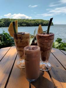 three drinks in glasses on a wooden table near the water at Casa Esmeralda in Moyogalpa