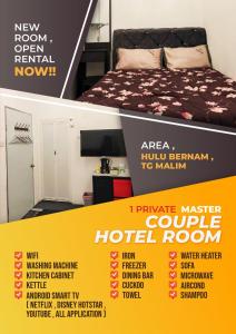 um cartaz para um quarto de hotel com uma cama em D'Bernam Homestay em TanjongMalim