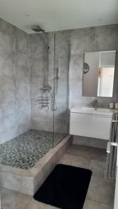 a bathroom with a shower and a sink at Ti Koala in Baie Nettle +42 photos