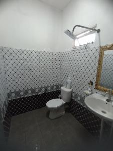 een badkamer met een toilet, een wastafel en een spiegel bij Haji Ineng Homestay- Guest House in Kota Samarahan