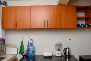 Una cocina con gabinetes de madera y encimera. en Zuri Cosy Apartment, en Busia 3 fotos más