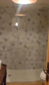 a bathroom with a toilet and a wall covered in paper at Bilocale a due passi dal mare immerso nel verde in Castiglioncello