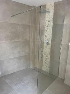 um chuveiro com uma porta de vidro na casa de banho em Der Vitihof Pastoren Suite em Osnabrück