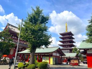 東京的住宿－HOTEL AMANEK Asakusa Ekimae，一座建筑前的树,有塔