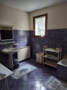 a blue tiled bathroom with a sink and a mirror at Maison de la forêt magique. in Chalmazel Jeansagniere