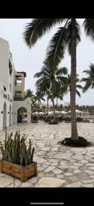 a stone courtyard with palm trees and a building at Marina Flat Hawana in Salalah