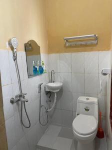 a bathroom with a shower and a toilet and a sink at SAFARI in Stone Town