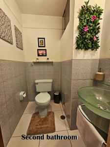 une salle de bain avec toilettes et lavabo vert dans l'établissement Puma Wasi, céntrico, acogedor, bien iluminado, à Cusco