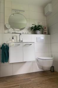 a bathroom with a toilet and a sink and a mirror at Ferienappartement Albschätzle 