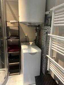 La petite salle de bains est pourvue d'un lavabo et d'une douche. dans l'établissement Appartement - Chic et Cosy à 30 minutes de Paris et 25 minutes de Disney, à Ozoir-la-Ferrière