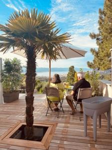 Ein Mann und eine Frau sitzen auf einem Deck mit einer Palme in der Unterkunft CASA LC chambre1 vue Mer Jacuzzi in Ajaccio