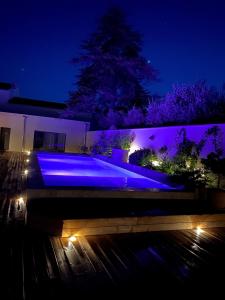 basen z niebieskim oświetleniem w ogrodzie w nocy w obiekcie Les Logis de Cocagne w mieście Saint-Rémy-de-Provence