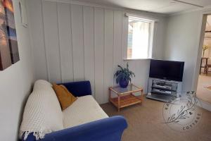 a living room with a couch and a tv at Kanuka Cottage in Whitianga