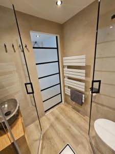a bathroom with a shower and a toilet and a sink at Kaiserhof 311 mit Meerblick - Reinke in Norderney +22 photos