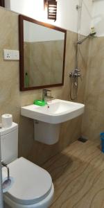 W łazience znajduje się umywalka, toaleta i lustro. w obiekcie Jagabay Resort & Surfing School w mieście Weligama