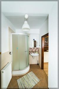 W łazience znajduje się szklana szafka i umywalka. w obiekcie Apartament Wielka Sowa w mieście Głuszyca Górna